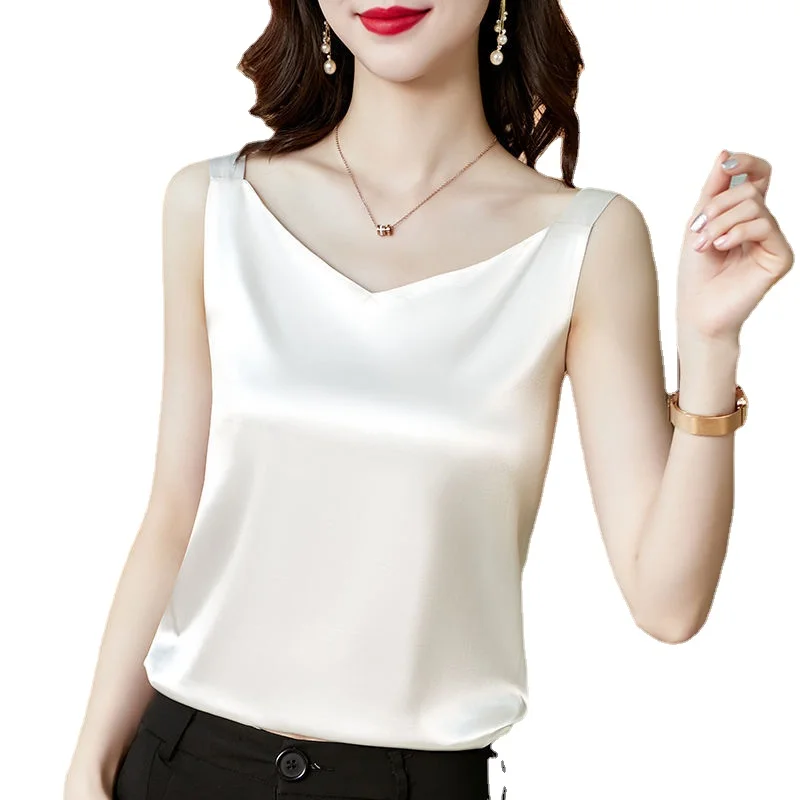 

DUOFAN Summer Shiny Faux Silk Shirt Tank Women Harajuku TShirt Women Sleeveless Fashion Solid Top Female Luxury Sexy Casual Vest