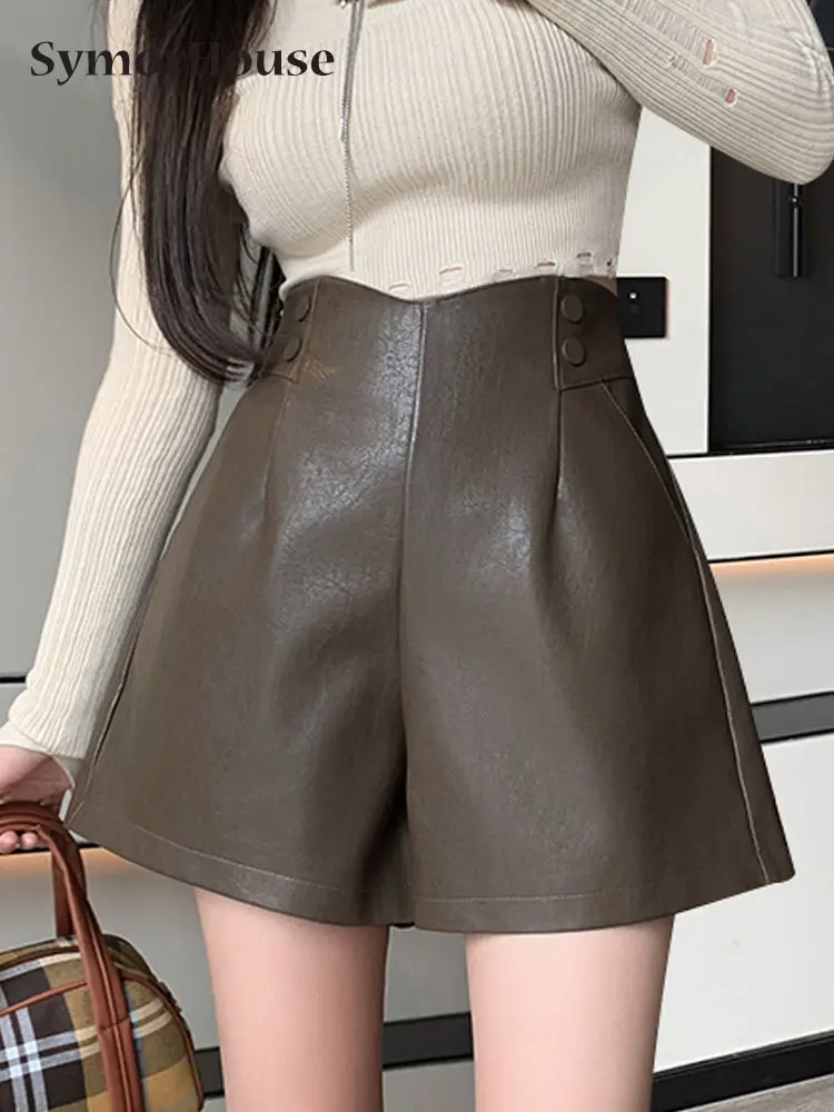 

Шорты женские из экокожи с завышенной талией, модные элегантные свободные узкие ботинки с широкими штанинами и карманами, брюки, Осень-зима 2023