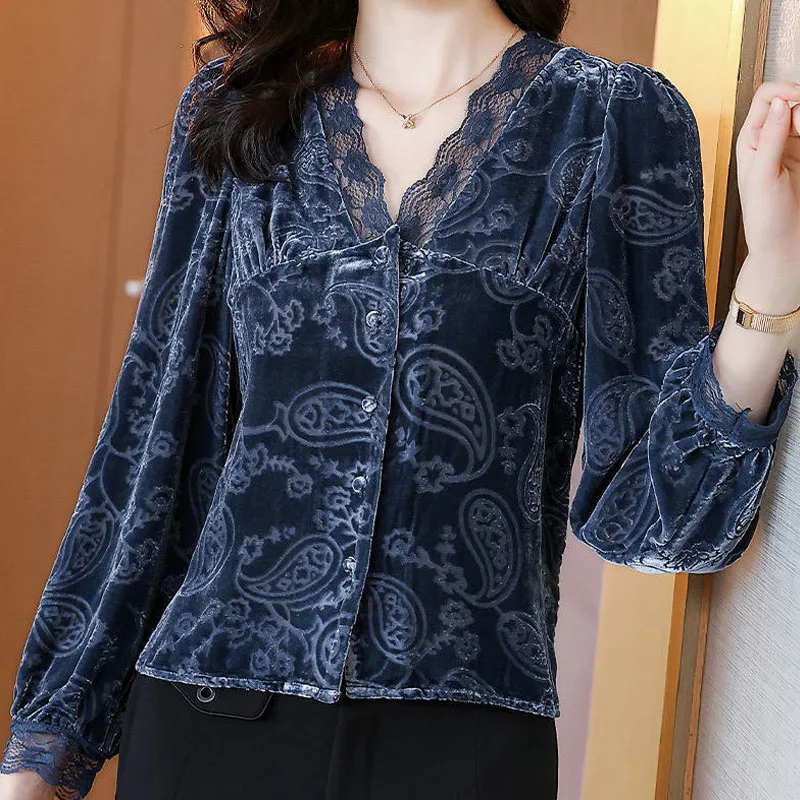 

Golden Velvet Material Lace V-neck Gorgeous Grace Shirt Single Breasted Thin Printing Ladies Flare Sleeve Spring Summer Slim