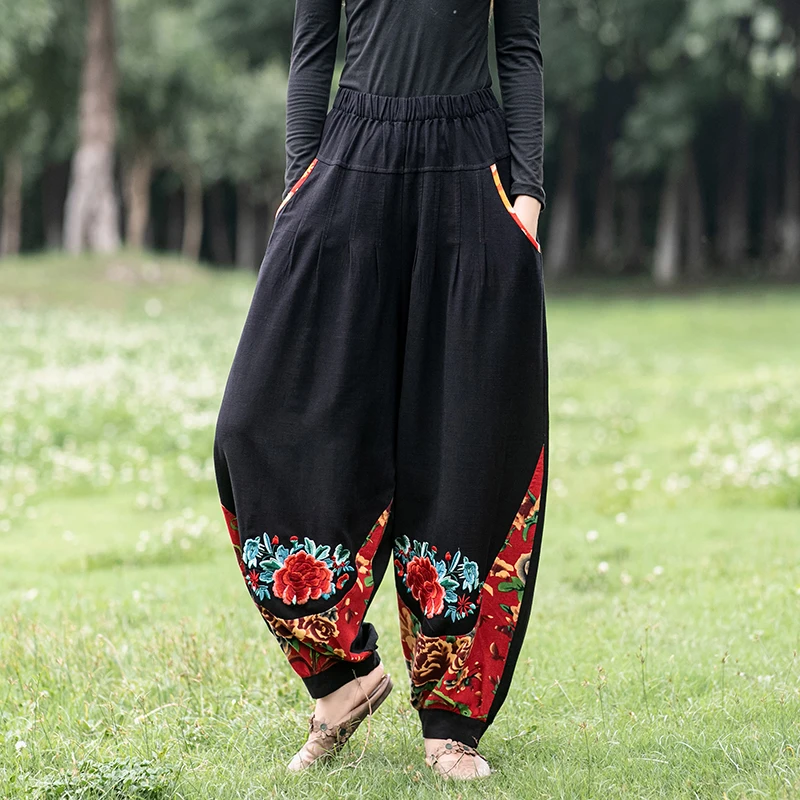

Traditional Plus Fours Pants Wide Leg Pants Women High Waist Drape Loose Embroidery Trousers Loose Camo Pants