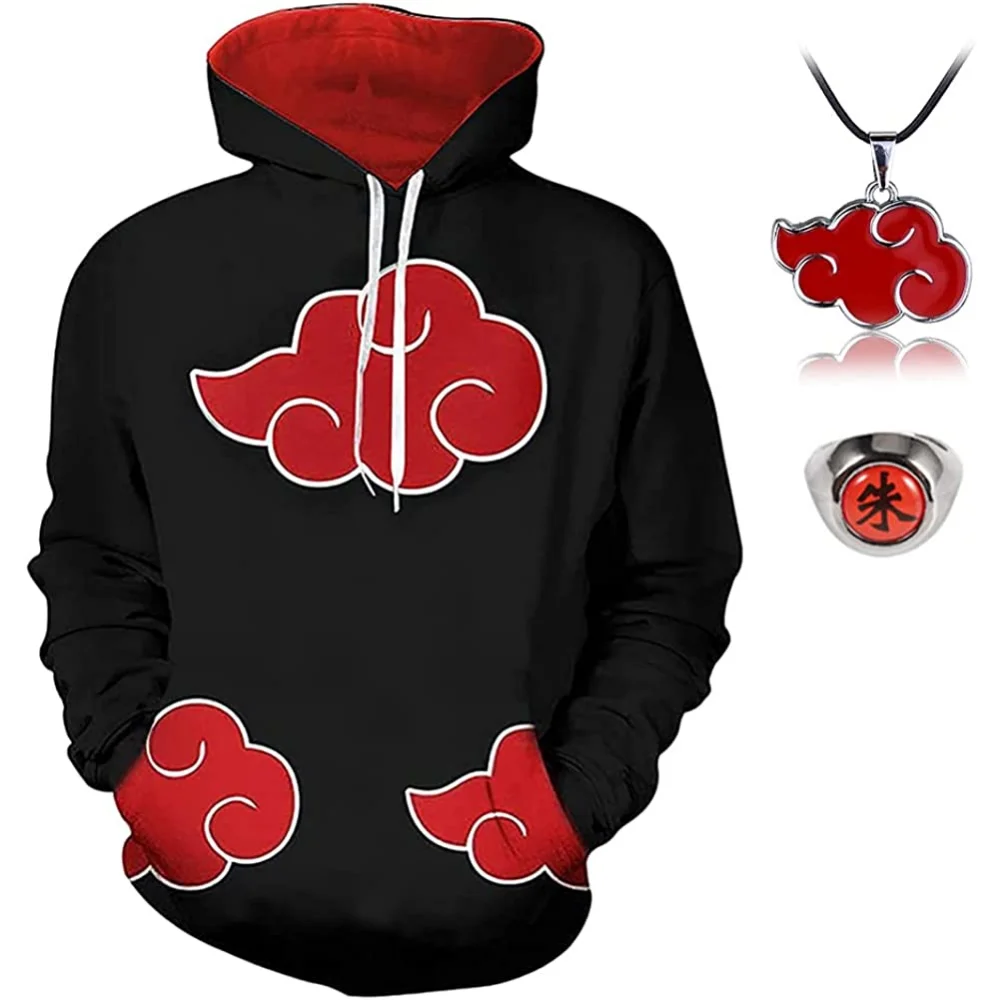 

Anime Naruto Itachi Figures Hoodies Akatsuki Red Cloud Pullover Sweatshirt with Ninja Ring Necklace for Adults