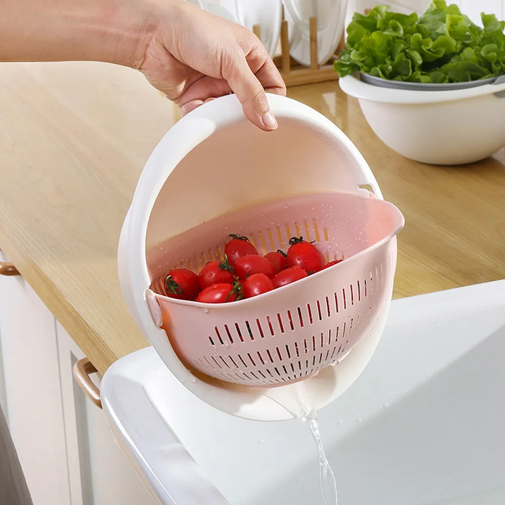 

Kitchen Double Drain Basket Bowl Rice Washing Kitchen Sink Strainer Noodles Vegetables Fruit Gadget Colander Strainer Basket