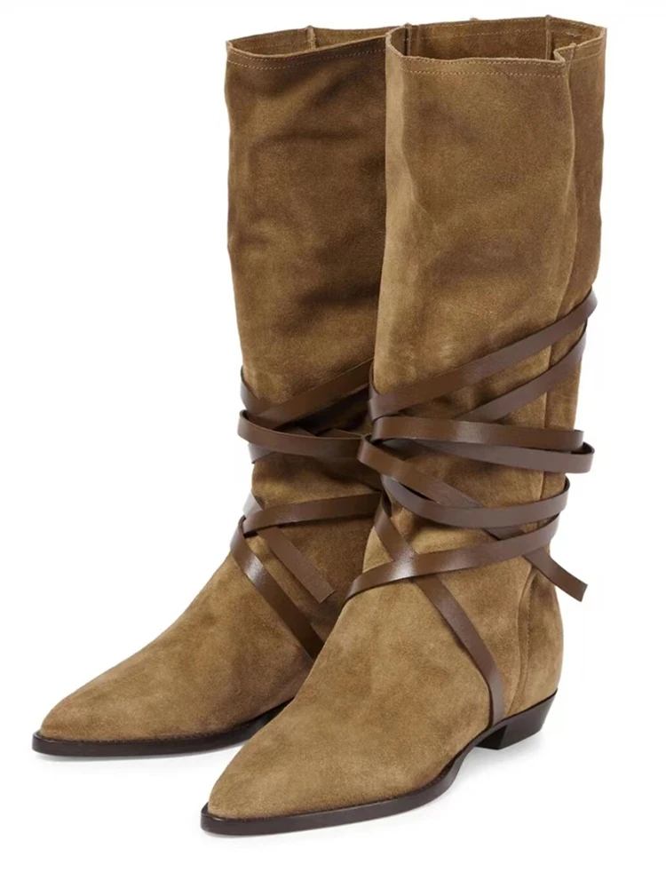 

Женские высокие ботинки-челси Oalizon, высококачественные осенне-зимние новые модные мотоциклетные ботинки до середины икры на плоской подошв...