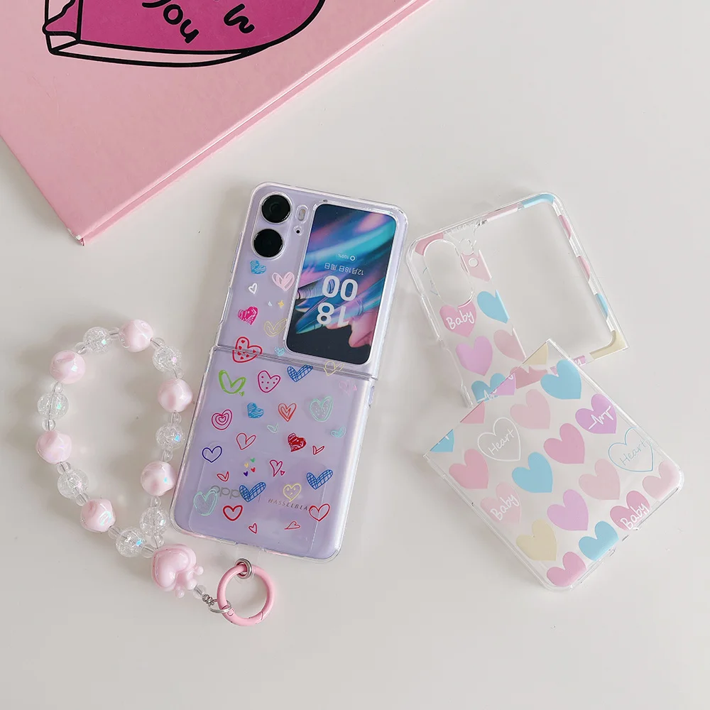 

Для OPPO Find N2 Flip чехол Fresh Cute Love с браслетом прозрачные складные Противоударные Защитные ПК жесткие задние аксессуары