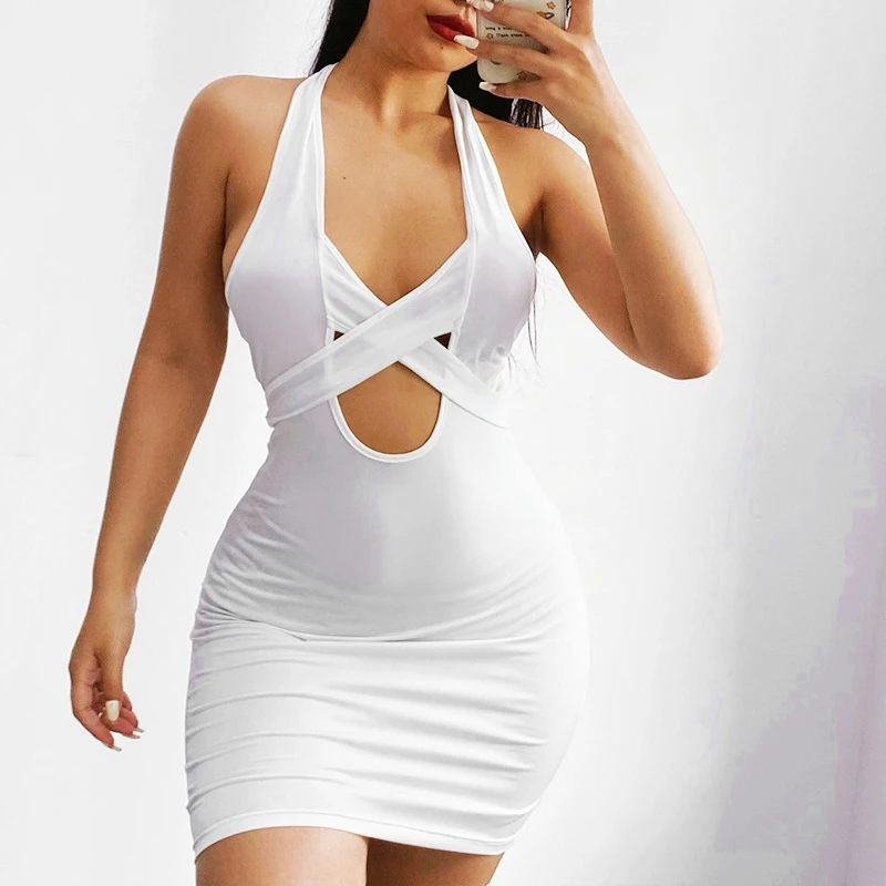 

Dresses for Women Short Sexy Casual Polyester Sheath Hollow Out Halter Bandage Sleeveless V Neck Street Party Dress