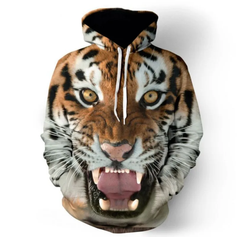 

2023 New Autumn/Winter 3D Tiger Animal Print with Hat Pocket Pullover Sweater for Men's Fashion with Hat for Men's Sweater