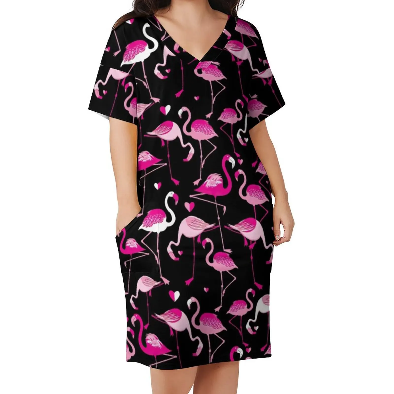 

Cartoon Flamingo Dress V Neck Heart Print Street Wear Dresses Summer Sexy Casual Dress Women Printed Plus Size Vestidos
