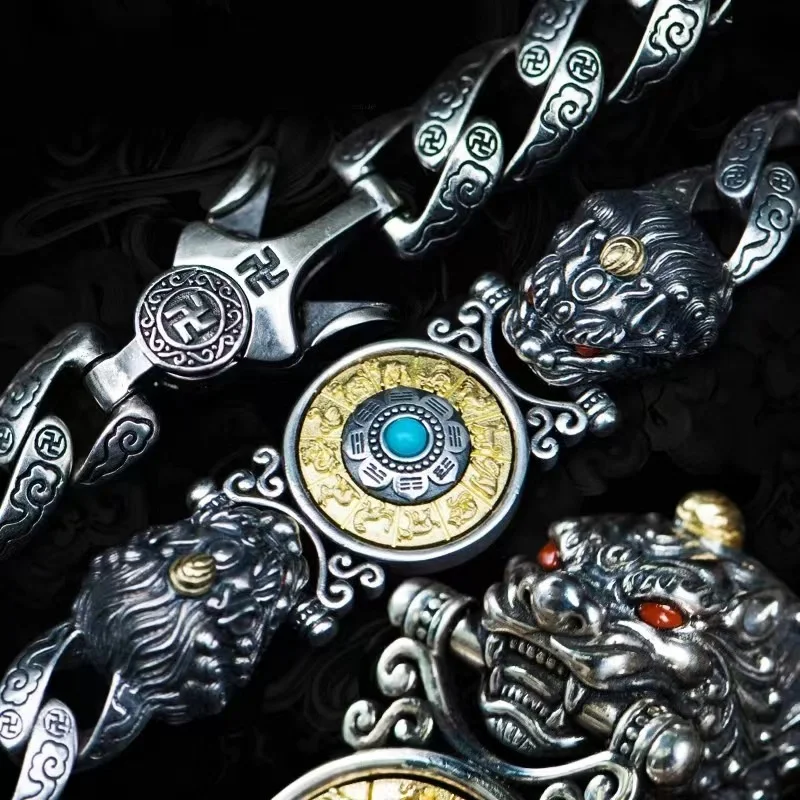 Роскошный браслет S925, двойные круглые серебряные браслеты Pixiu Jiugong в стиле ретро для мужчин и женщин, индивидуальный браслет для пар, подарок, оптовая продажа