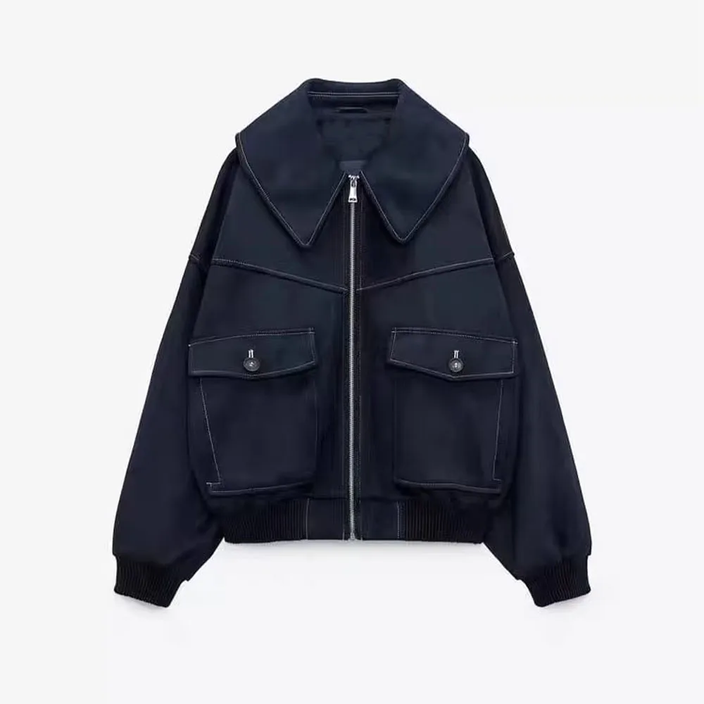 

Women 2023 spring New Fashion Contrast Quilted flying Jacket Coat Vintage Long Sleeve zipper Female Outerwear Chic Overshirt