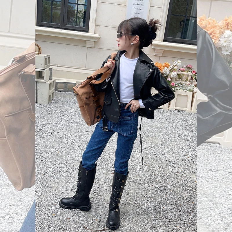 Girls fried street parent-child jacket casual fashion 2022 autumn new trendy temperament high-end leather clothes