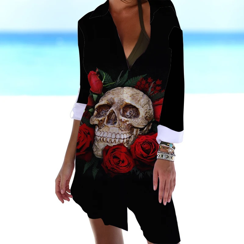 

Skull Horror Printed Halloween Shirt Dress Rose Beach Sexy Blouse Outwear Shirt Long Sleeve Maxi Dress for Women Ladies Vestido