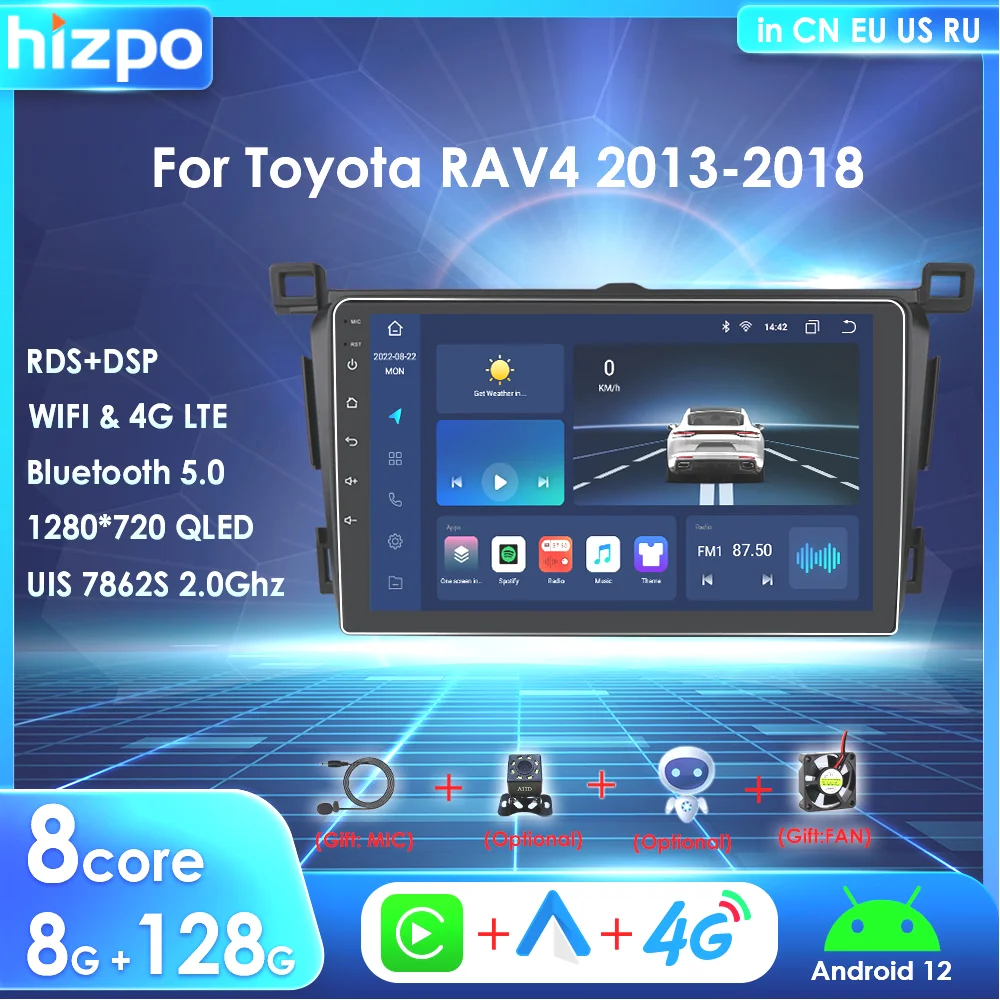 

Hizpo 2 Din Carplay Screen for Toyota RAV4 2013 - 2018 Android 12 Car Multimedia Player 4G GPS Navi Stereo Radio SWC BT DSP RDS