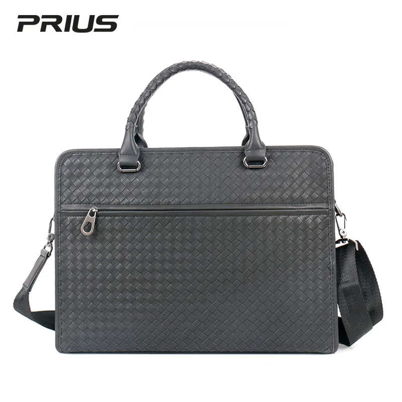 Men's luxury brand business briefcase high-capacity high-grade leather woven classic one shoulder handbag 14 inch computer bag