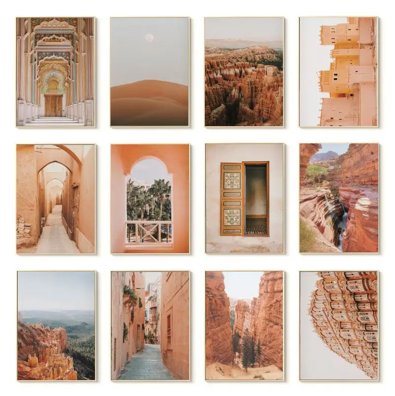 

Arizona Desert Canyon Wall Art Posters And Prints Orange Moroccan Boho Canvas Painting Architecture Marrakech Landscape Picture