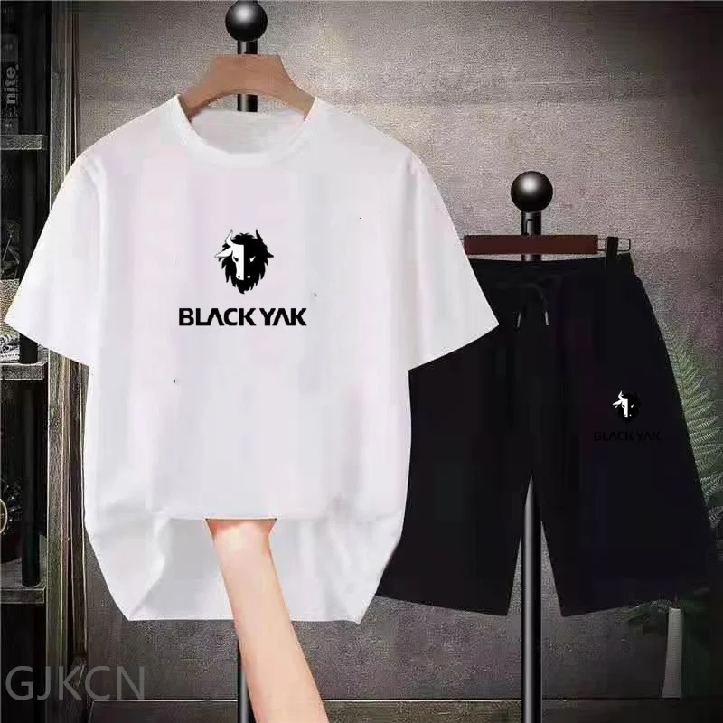 

Summer Short Sleeve BLACK YAK Tracksuit Set T-shirt+Sport Shorts 2 Piece New Mens Tracksuit Suit Men Solid Set Casual Sportswear