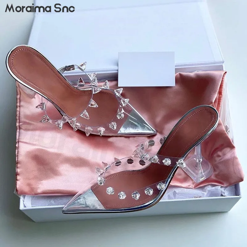 Women's Summer Rhinester Baotou Slippers New Transparent Pointed Wine Glass Heel Back Empty High Heel Sandals Sexy Slippers