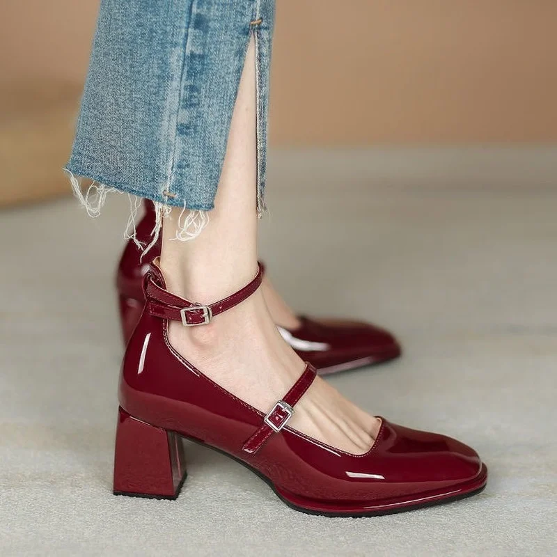 

Туфли Мэри Джейн женские, Новинка весна-осень 2022, красные туфли на высоком толстом среднем каблуке, квадратный носок