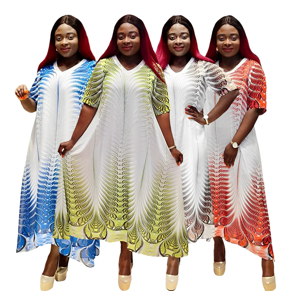 

2022 African Print Dresses XL-5XL Autumn Spring African Women Half Sleeve V-neck Polyester Long Dress Maxi Dress African Clothes