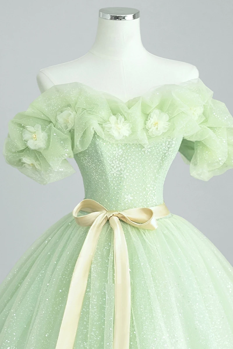 Luxury Green Princess Floral Off-Shoulder Strapless Evening Party Prom Dresses Women  A-line Ball Gown Tulle Formal Dress