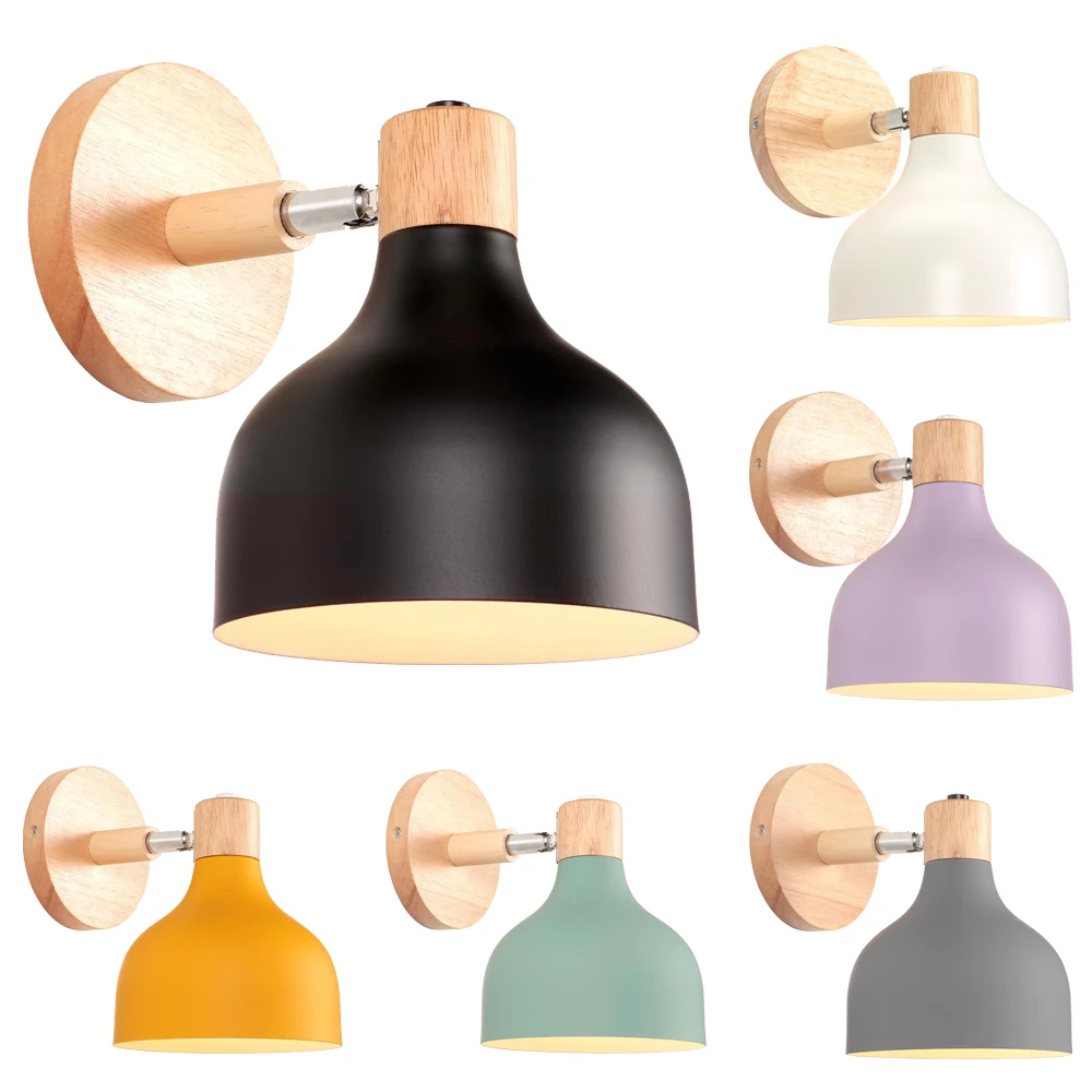 

Nordic Macaron Wall Lights Wood Bedroom Bedside Lamp Modern Wall Sconce Lampshade Steering Head E27 Home Lighting Fixture E27