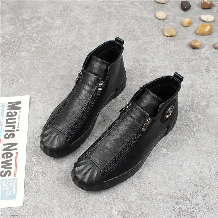 Мужские высокие повседневные ботинки на молнии черные флисовые плоской