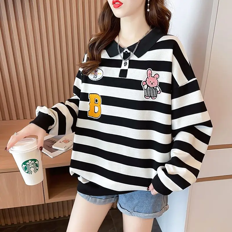

Fashion Spliced Embroidery Loose Striped T-Shirt Female Clothing 2023 Autumn Winter Oversized Korean Tops Casual Tee Shirt