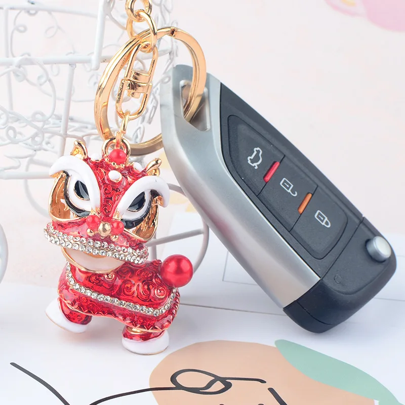 

Akzz Creative Gift Chinese Style Lion Inlaid With Diamond Kylin Car Key Chain Pendant Lion Dance Alloy Cartoon Small Lion