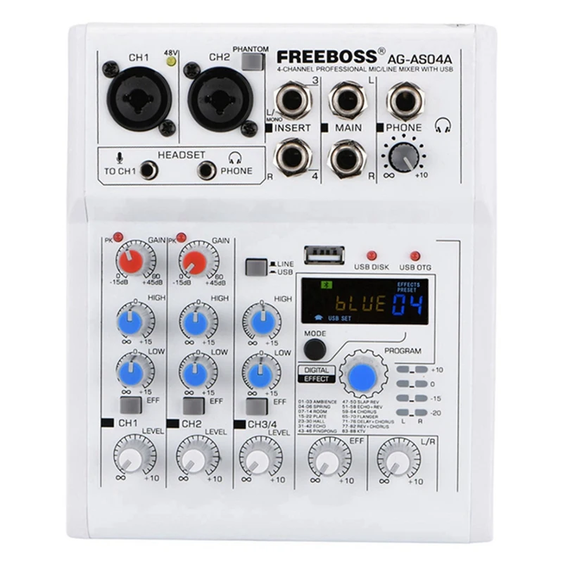 

Sound Card Audio Mixer Sound Board Console Desk System Interface 4 Channel 88DSP USB Bluetooth +48V Power Stereo