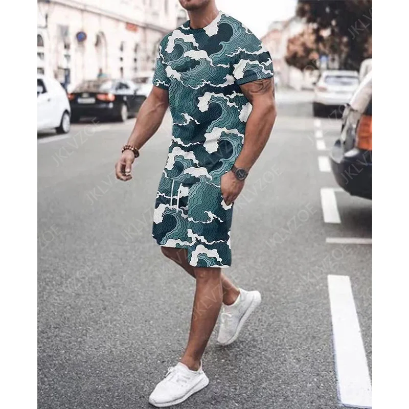 Summer Men Stylish T-shirts Suit Male Abstract Pattern 3D-Print Top Beach Shorts Sets Breathable Casual Sportswear Outfit