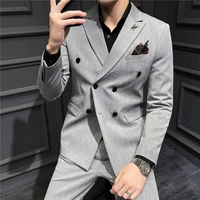 high quality new mens western fit casual suit business temperament double breasted striped suit wedding host banquet outfit