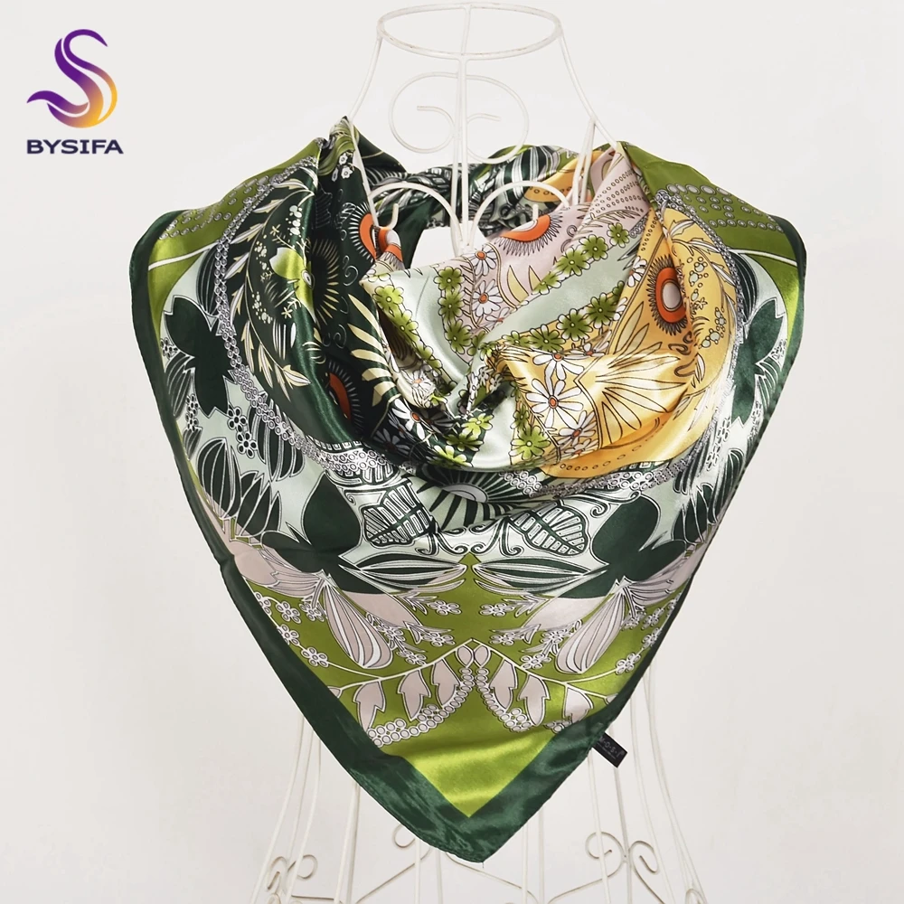 BYSIFA| Bright Green Silk Scarf Cape Elegant Floral Design Satin Square Scarves Shawls 90*90cm Fashion Brand Silk Scarf Hijab