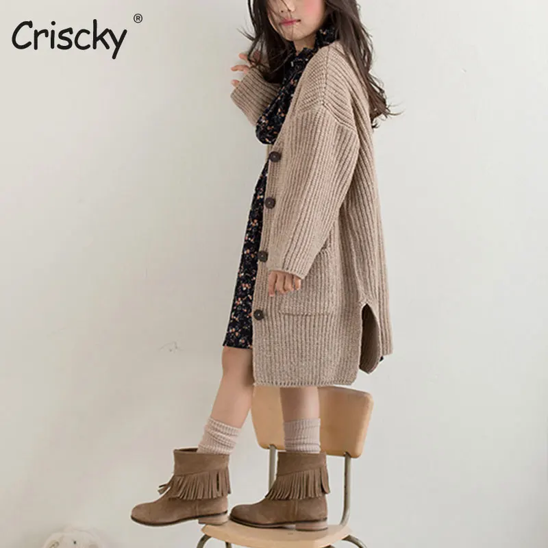 Criscky 2022 New Kids Clothes Single Breast Girls Cardigans Sweater Long Style England Style Cardigans Knitted Sweater Winter