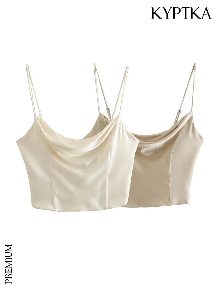 

KYPTKA Women Fashion With Cowl Neck Satin Crop Tank Tops Vintage Adjustable Thin Straps Side Zipper Female Camis Mujer