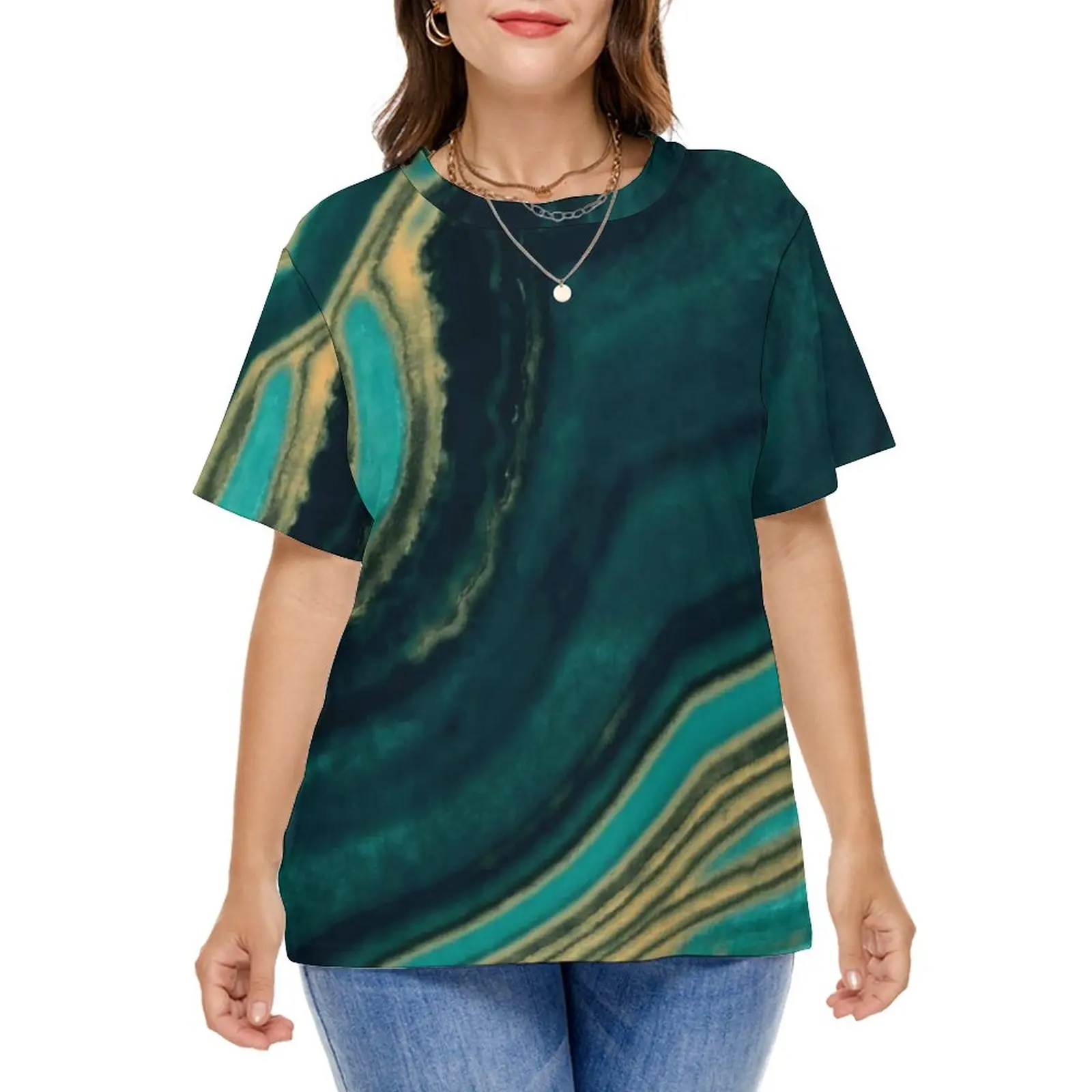 Marble Art T Shirt Aqua And Metallic Gold Marble Texture Kawaii T-Shirts Short-Sleeve Graphic Tops Womens Street Wear Plus Size