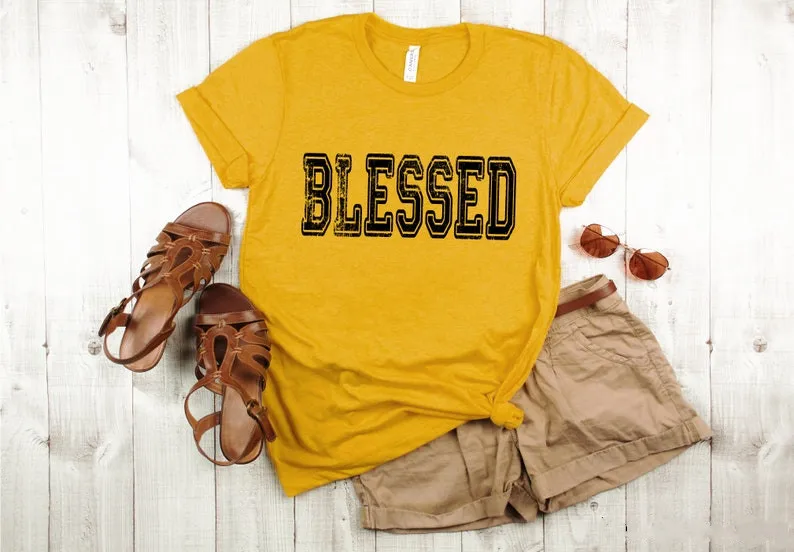 

BLESSED Shirt Christian Tops Religious Faith Shirts Fashion Graphic Cotton Korean O Neck Casual Short Sleeve Unisex T-Shirt