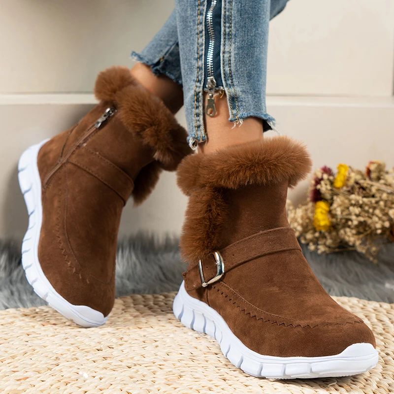 

Замшевые ботинки до щиколотки, женские меховые ботинки с пряжкой, новые черные короткие ботинки на платформе, коричневые теплые зимние боти...