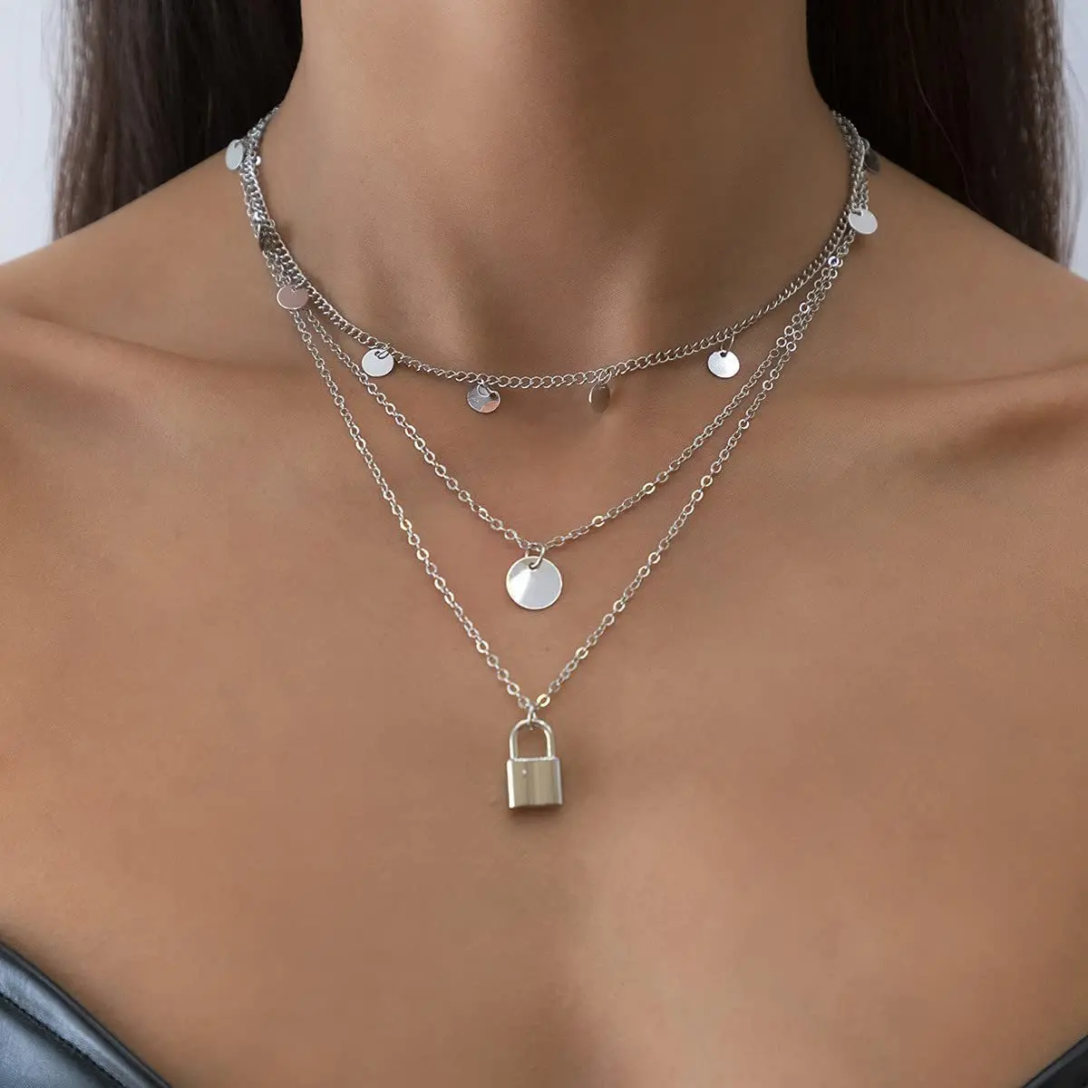 

Sequined Pendant Multilayer Necklace Women's Retro Character Padlock Pendant Necklace Fashion Punk Choker Accessories