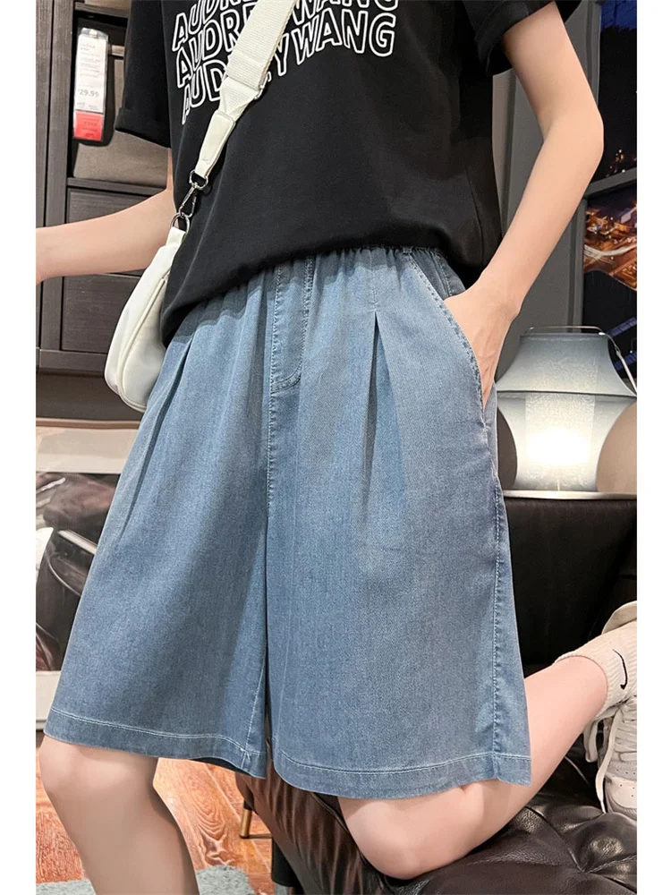 

Джинсовые шорты Tian Si Женские летние тонкие с высокой талией свободные и тонкие ледяные Шелковые Широкие трапециевидные повседневные женские брюки средней длины