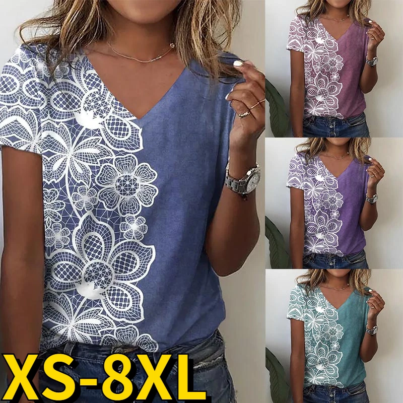 

2022 New Women Fashion T-Shirt Oversize Short Sleeve Sexy V-Neck Printed Tee Shirts Summer Streetwear Casual Tops Size Pullover