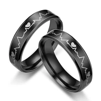 harajuku korean fashion black heart ecg stainless steel finger rings for women men couple lovers aesthetic punk hip hop ring