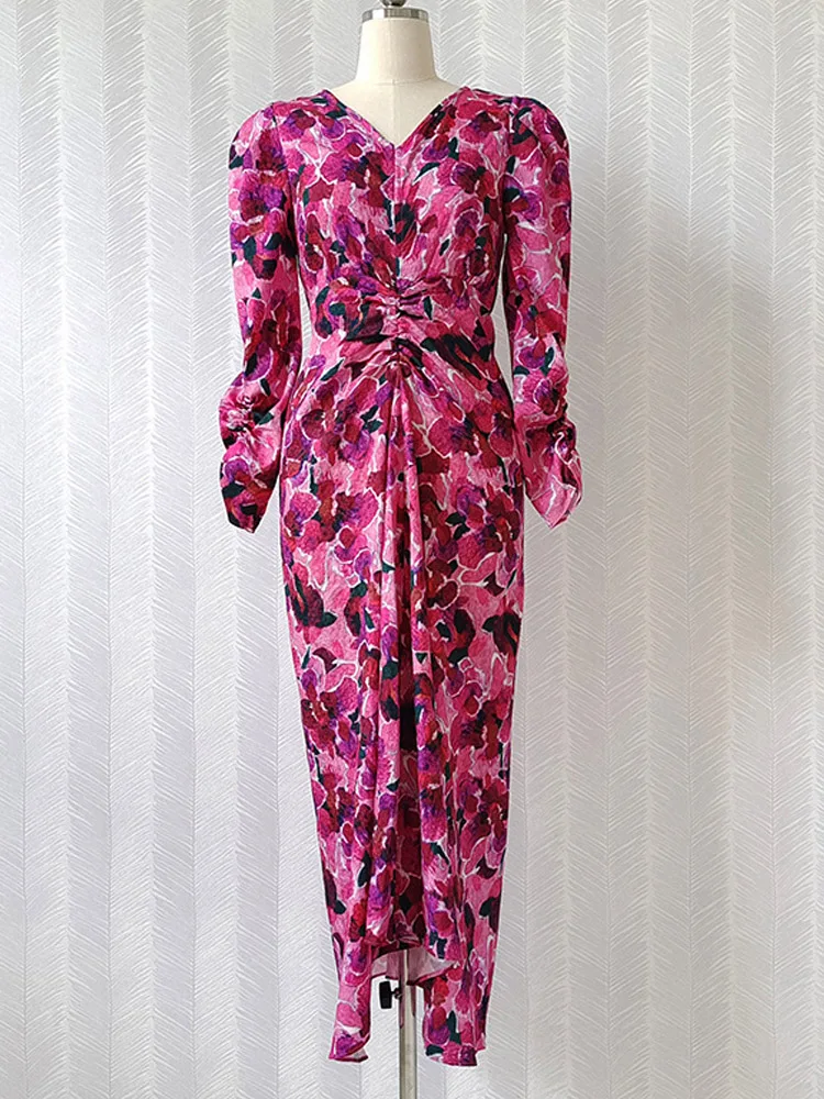 

Chic and Elegant Woman Dress Spring 2022 Pattern Print Slimming Decoration Gathers Jacquard V-neck Irregular Vestido Feminino