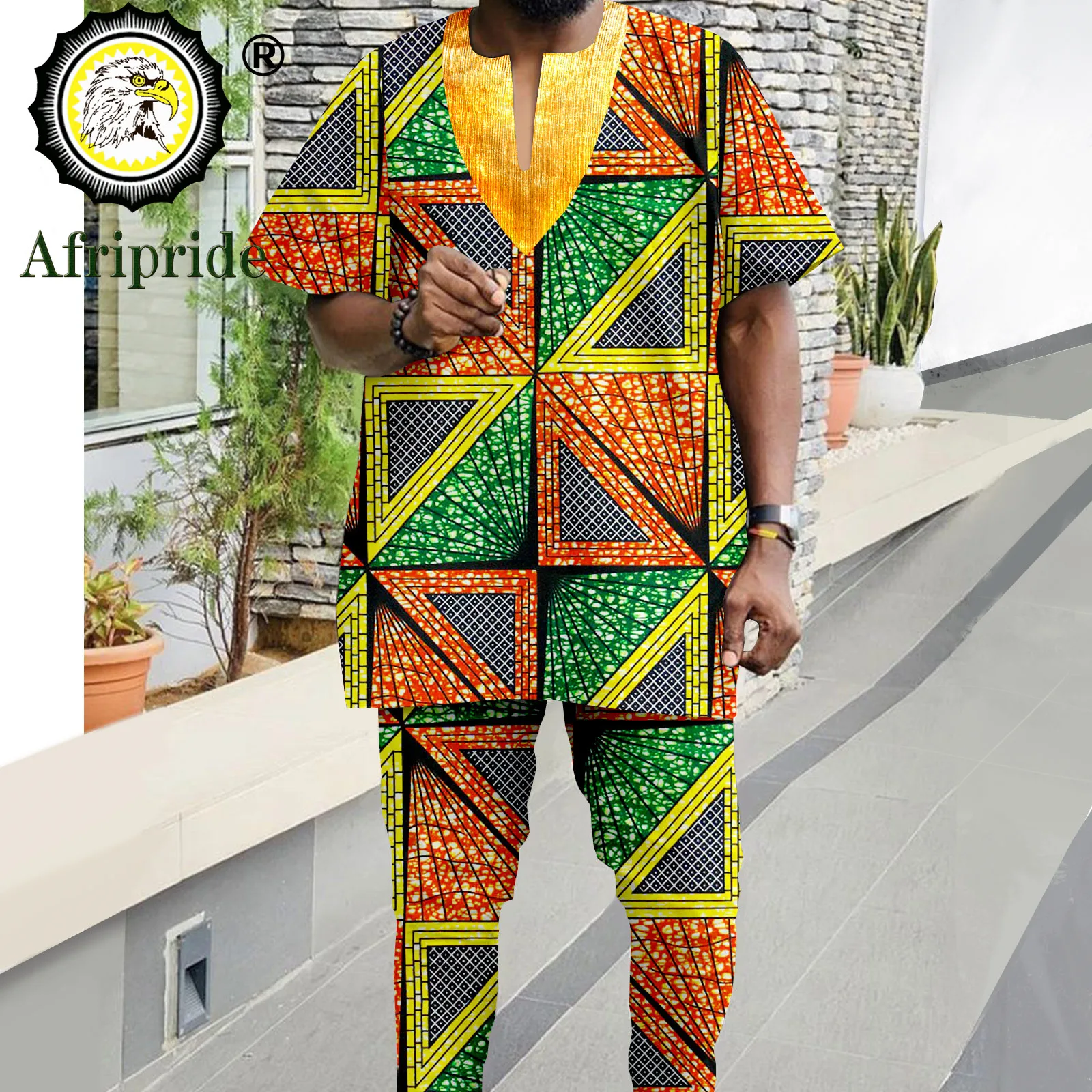 Tracksuit African Suits for Men Shorts Sleeve Print Tops and Pants 2 Piece Sets Plus Size Casual Outfits Bazin Riche A2216100