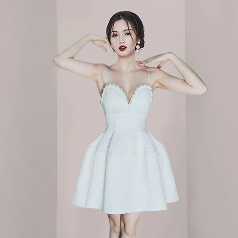 

2023 Summer Women's White Pearl Embellished Mini New Dinner Birthday Party Suspender Little Dress