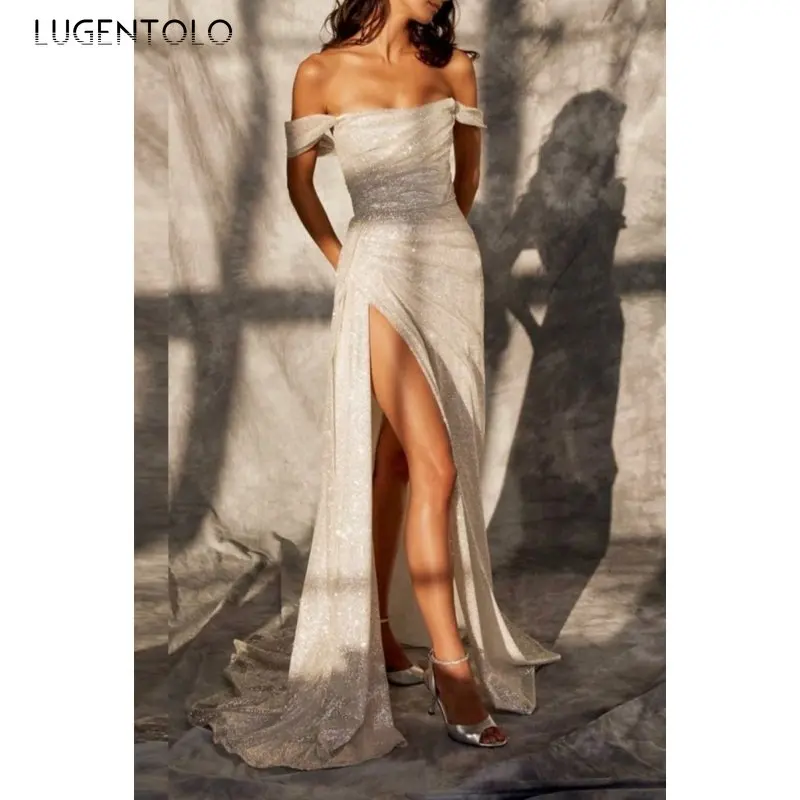 

Женское платье с блестками Lugentolo, блестящее платье с открытыми плечами, высокой талией, без бретелек, с разрезом на подоле, серебристые элегантные платья с большим разрезом