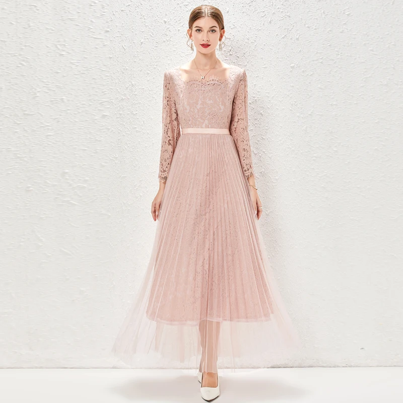

Женское модельное платье с квадратным вырезом, розовое Плиссированное длинное платье, элегантное весеннее кружевное Сетчатое ажурное облегающее платье в стиле пэчворк
