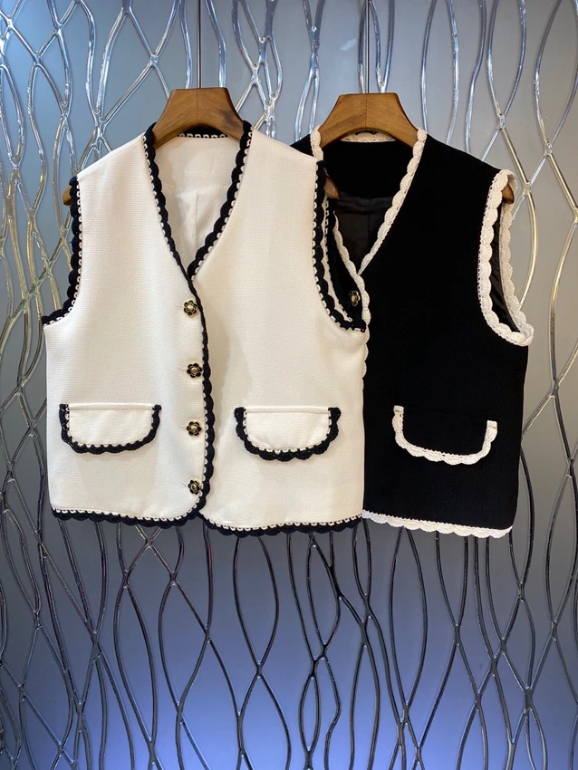 

2022 new women Fashion High Quality Sleeveless V Neck Trim Exquisite Straight Loose Versatile Vest 825