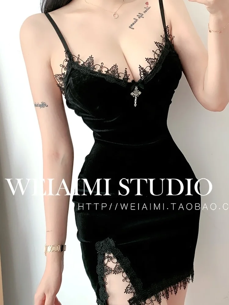 

Velvet Lace V-neck Low Chest Split Sexy Tank Camisole Skinny Mini Dress Short Hot Sexy Korean Women Dresses Top Y933
