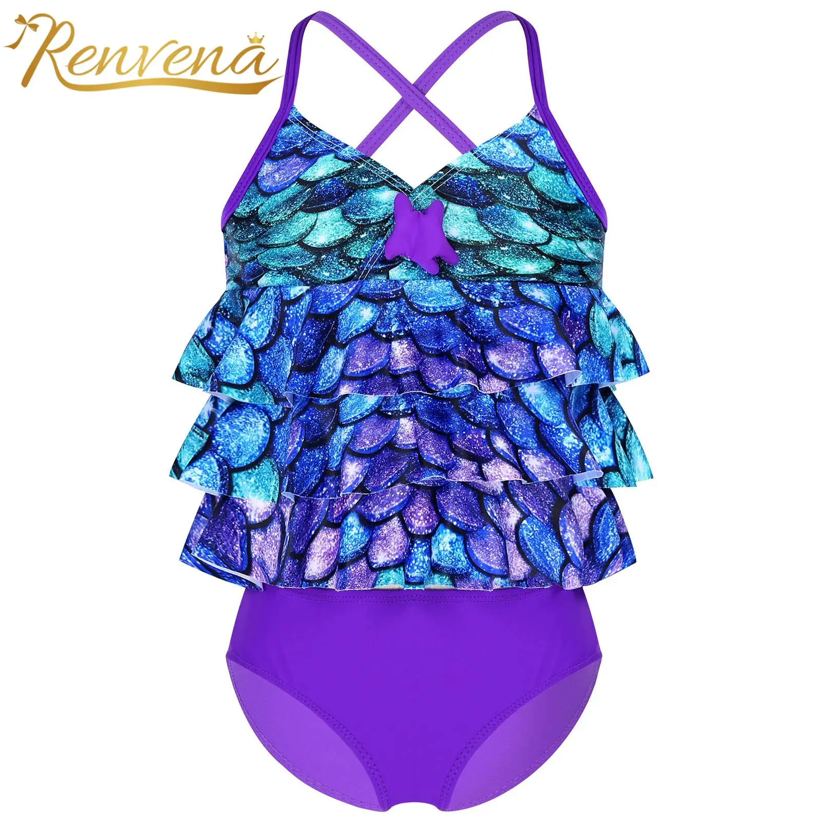 

2PCS Kids Girls Tankini Mermaid Scales Printed Swimwear Toddlers Swimsuit Bathing Suit Beach Two Pieces Set Tops with Bottoms