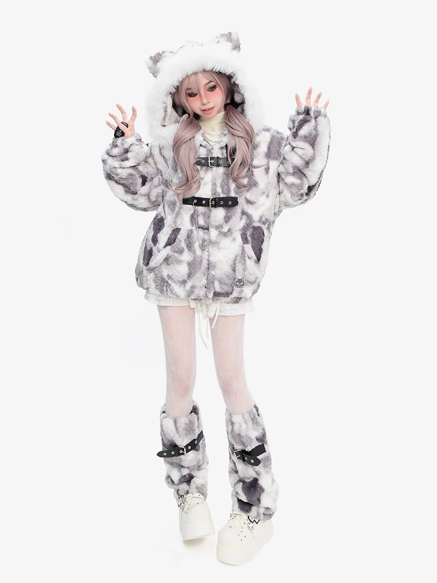 Уличное милое крутое панк-стиль Y2K Пальто с плюшевыми кошачьими ушками и