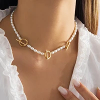 lacteo fashion imitation pearls choker necklaces for women female luxury ot buckle segment chain necklace jewelry accessories